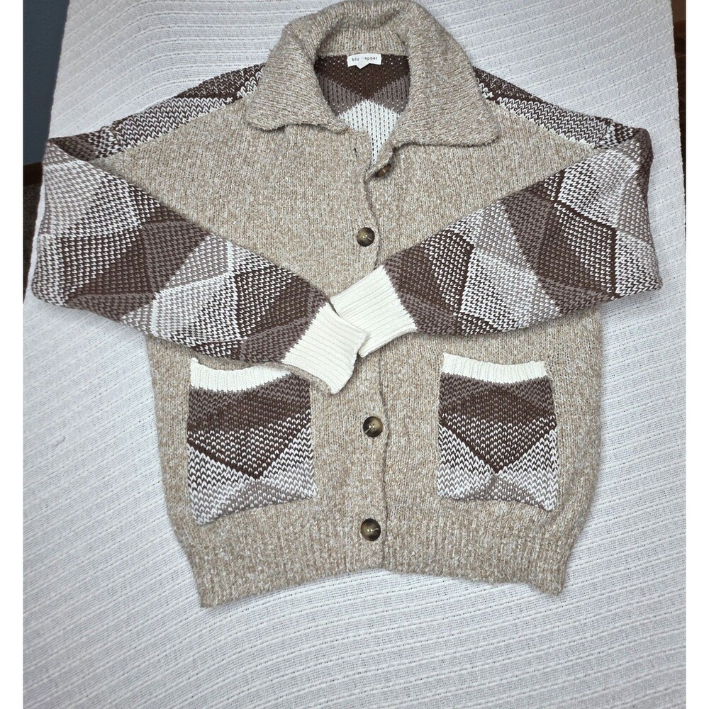 Blu Pepper Cardigan Sweater Size Large Button Up Brown Tan Collar Cozy Neutral